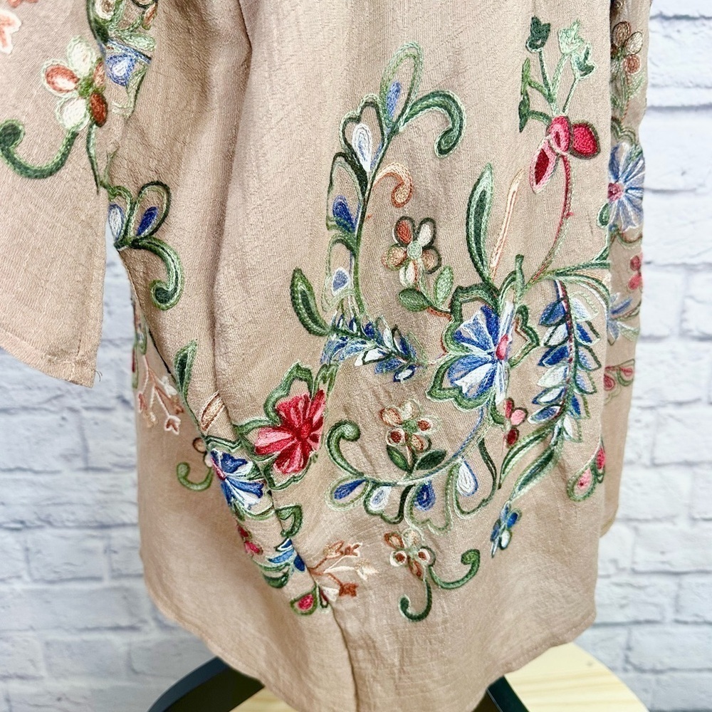 Fun In Florals Mocha Floral Embroidered Long Tan Cardigan Kimono - Picture 6 of 9